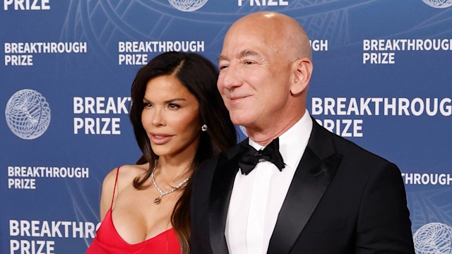 Lauren Sanchez and Jeff Bezos attend the 2025 Breakthrough Prize Ceremony at Barker Hangar on April 05, 2025 in Santa Monica, California.  (Photo by Taylor Hill/FilmMagic)