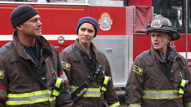 Taylor Kinney as Kelly Severide, Miranda Rae Mayo as Stella Kidd, David Eigenberg as Christopher Herrmann in Chicago Fire