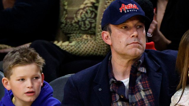 Ben Affleck and his son Samuel Garner Affleck attend a basketball game between the Los Angeles Lakers and Golden State Warriors at Crypto.com Arena on March 16, 2024 in Los Angeles, California