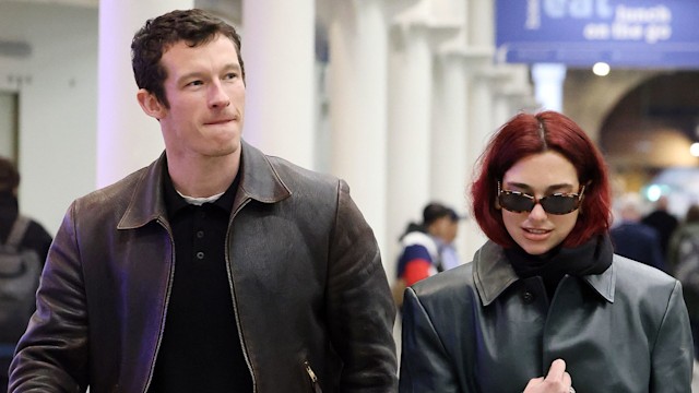 Dua Lipa and Callum Turner arriving at London St Pancras Station after taking the Eurostar from Paris on March 26, 2024 in London, England. (Photo by Neil Mockford/GC Images)