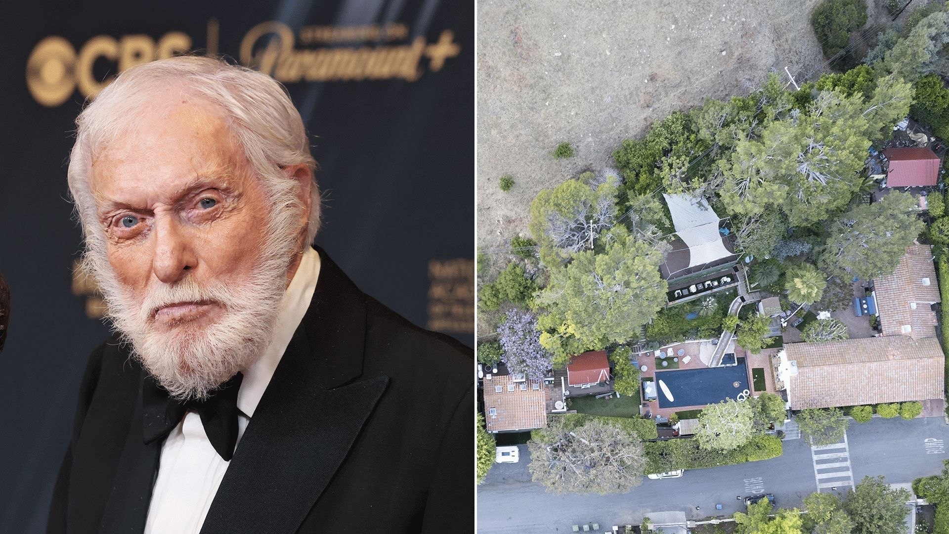 dick van dyke beside aerial view shot of his home