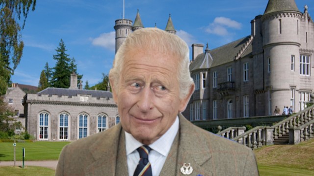 king charles superimposed in front of balmoral castle
