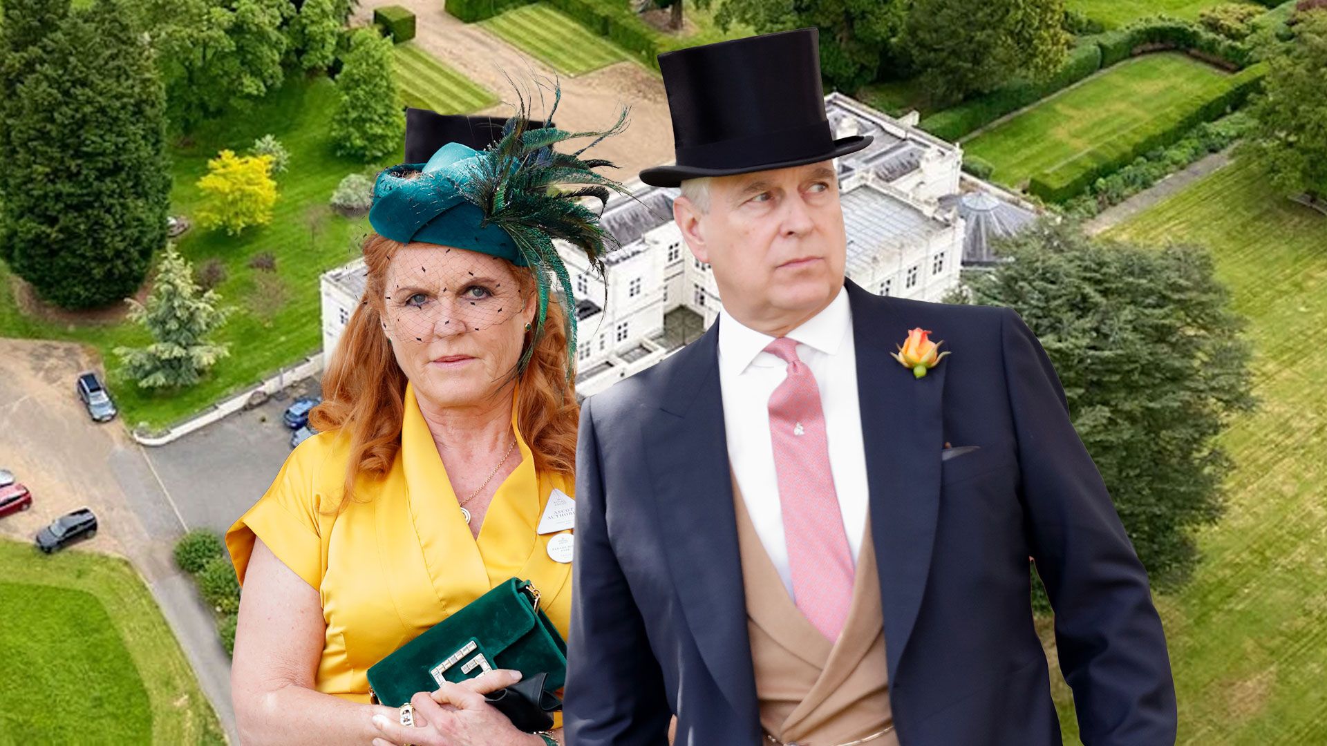 andrew and sarah ferguson in formal dress over image of royal lodge