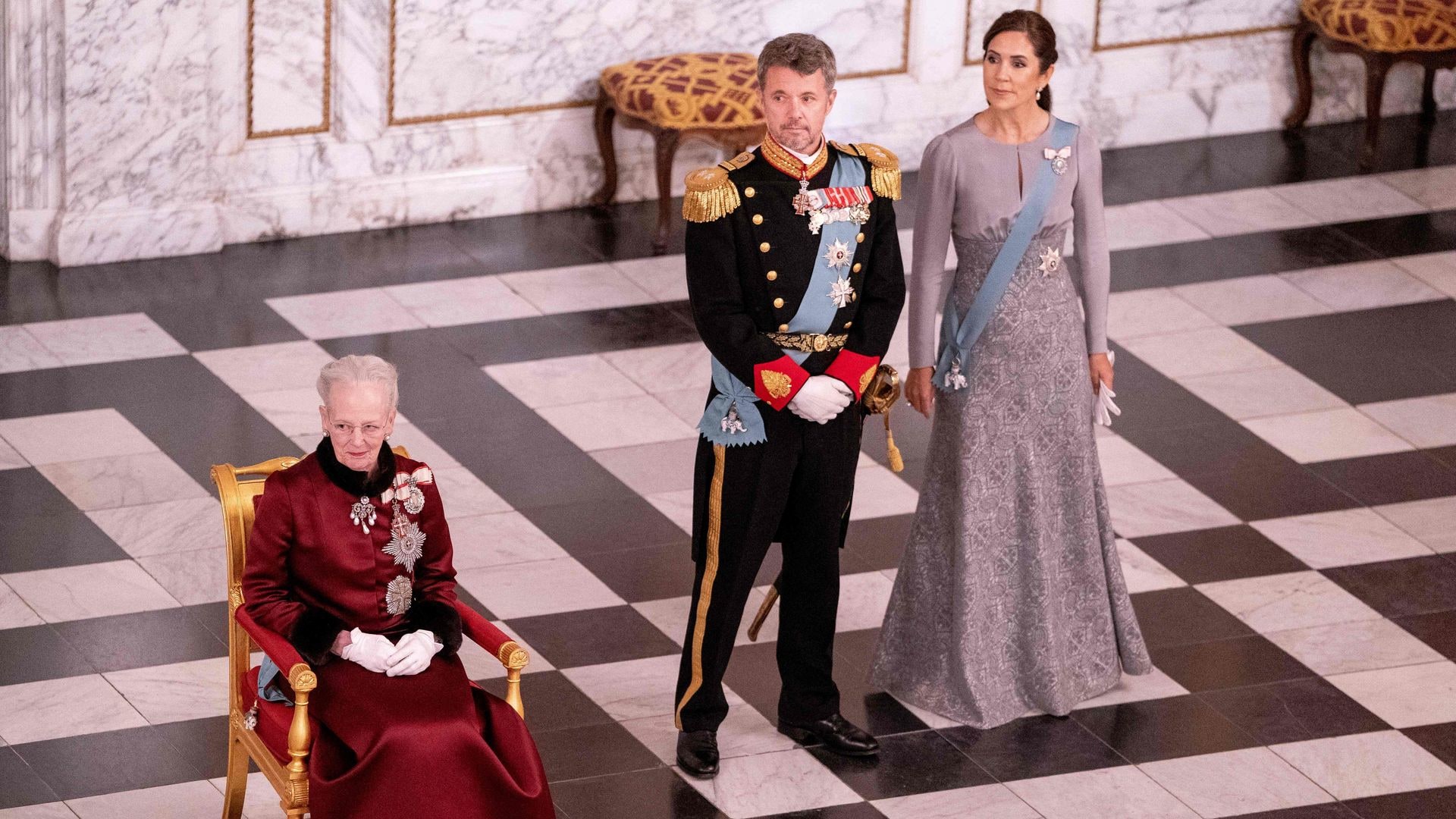 Queen Margrethe II of Denmark, Crown Prince Frederik of Denmark and Crown Princess Mary of Denmark attend the New Year's reception for the diplomatic corps at Christiansborg Palace, Copenhagen, on January 3, 2023