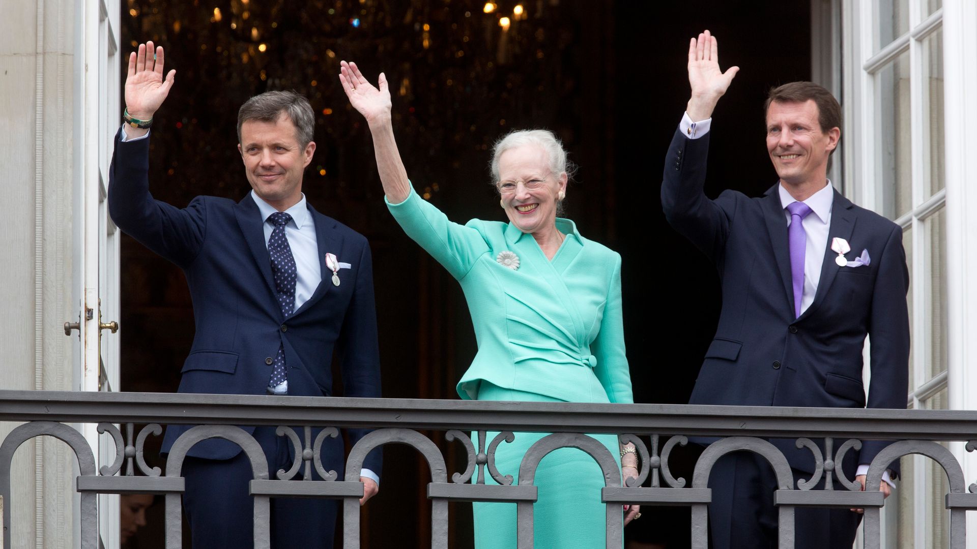 Queen Margrethe II of Denmark, and her sons Crown Prince Frederik of Denmark and Prince Joachim of Denmark 
