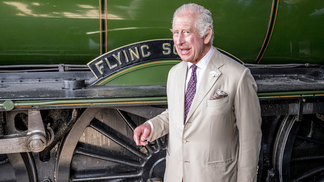 King Charles III arrives by train pulled by the Flying Scotsman into Pickering Station for a visit to the Railway and the town, in celebration of its 100th anniversary, on June 12, 2023 in Pickering, England