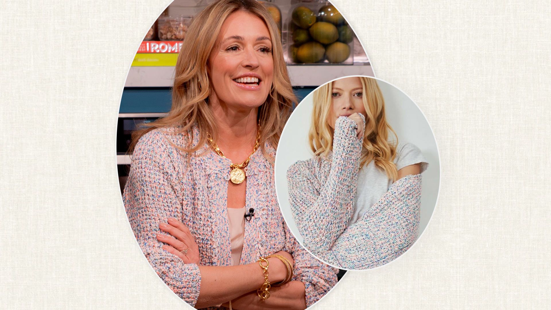 cat deeley wearing a pastel knit cardigan from hush on this morning