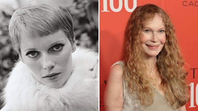 Split image of Mia Farrow in 1960 vs 2023