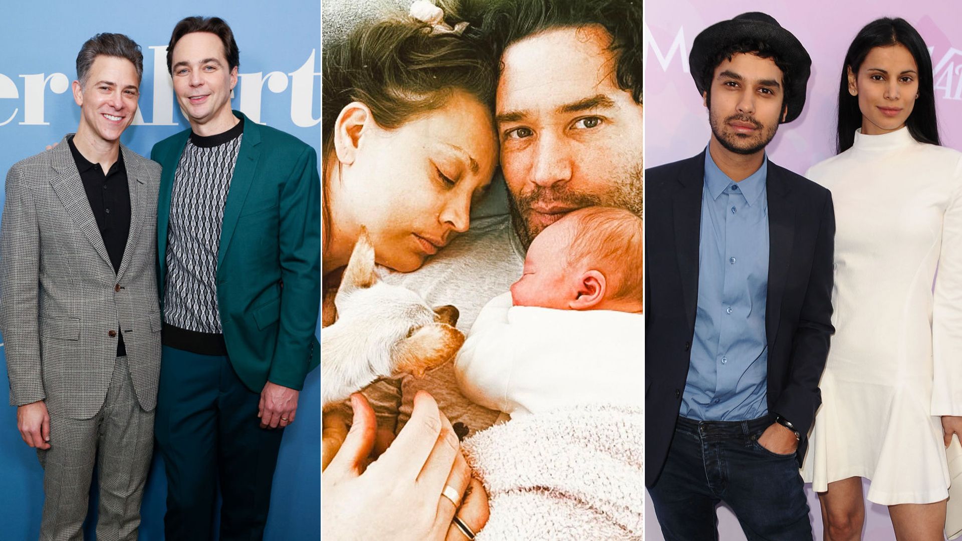 Split image of Jim Husband with his husband, Kaley Cuoco with daughter and boyfriend, and Kunal Nayyar with his wife. 