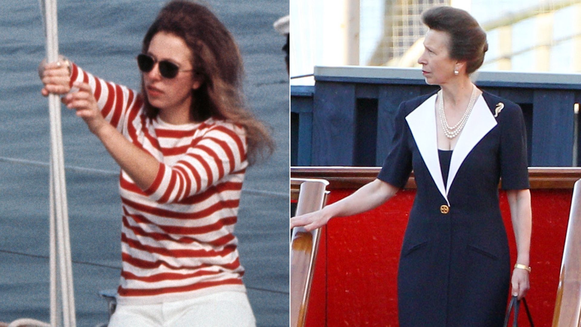 Princess Anne wearing Breton top and white trousers (left) and navy and white sailor dress (right)