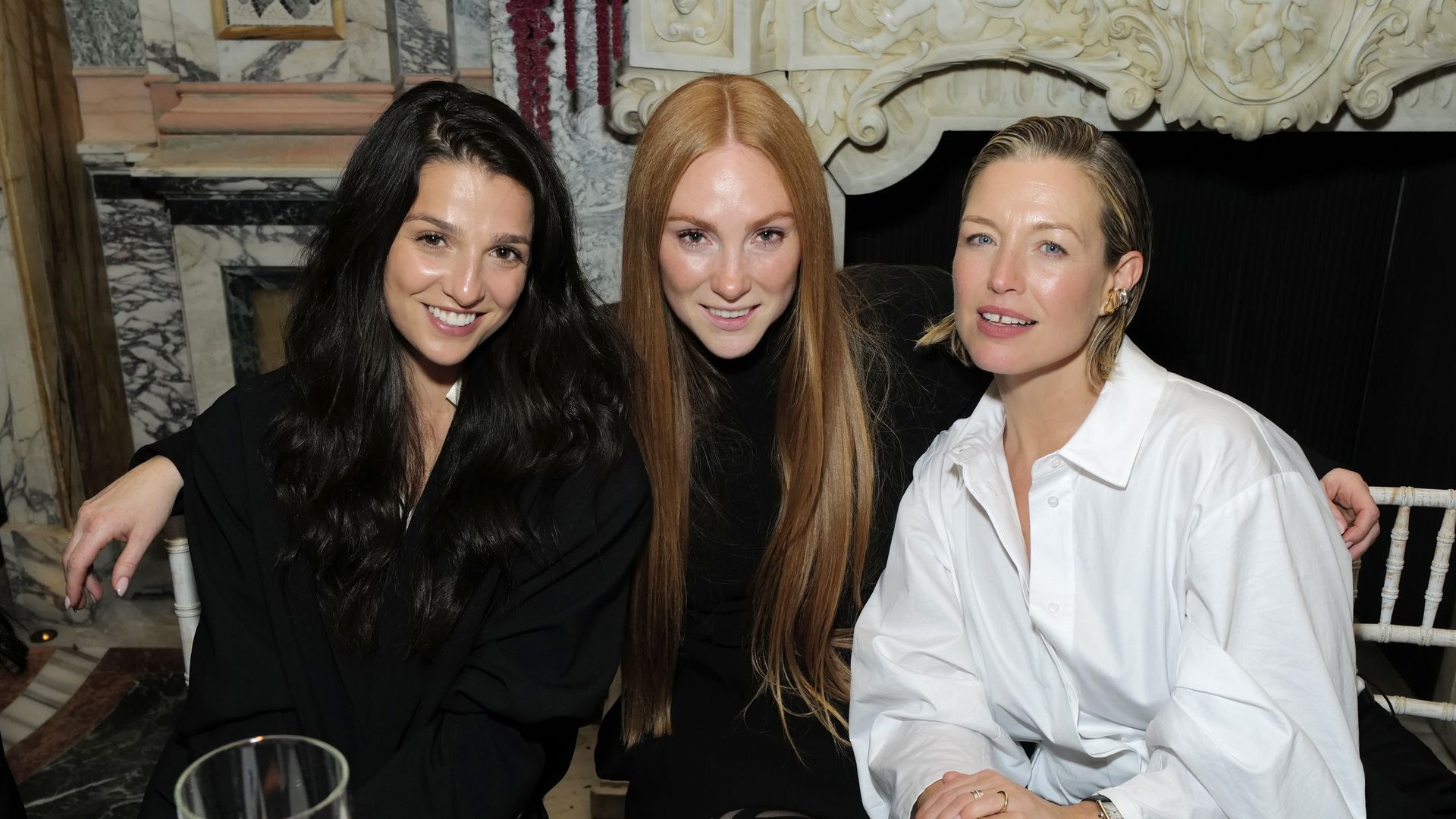 Marisa Abela, Aimée Croysdill and Alexis Foreman attend the Aimée Croysdill x Heist Perfect 10 Tights Dinner on October 09, 2025 in London, England. (Photo by Darren Gerrish/WireImage for Heist)