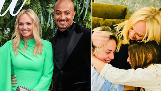 Emma Bunton with her husband Jade Jones and hugging her two kids