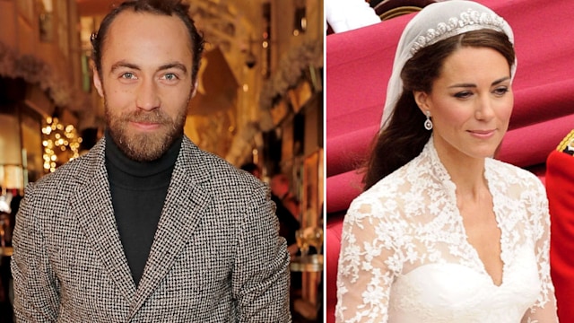 James Middleton in a checked suit and Kate Middleton on her wedding day