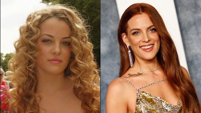 Split image of Riley Keough in 2002 and in 2023