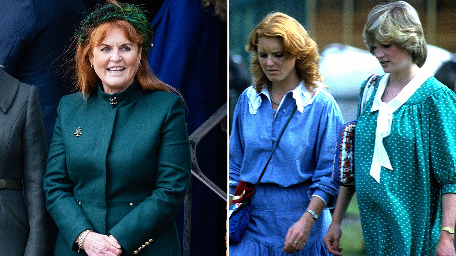 Split image of Sarah Ferguson in a green overcoat and Sarah Ferguson in blue outfit walking with a pregnant Princess Diana