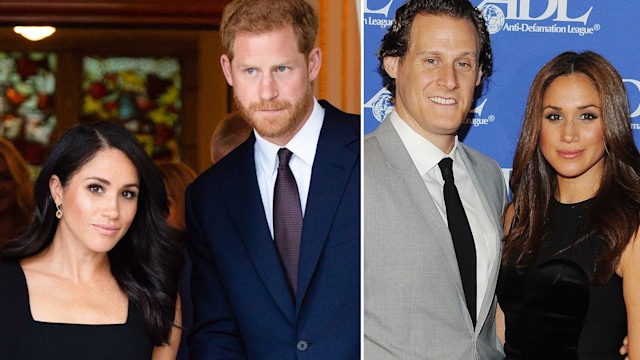 Meghan Markle in a black dress with Prince Harry and Trevor Engelson