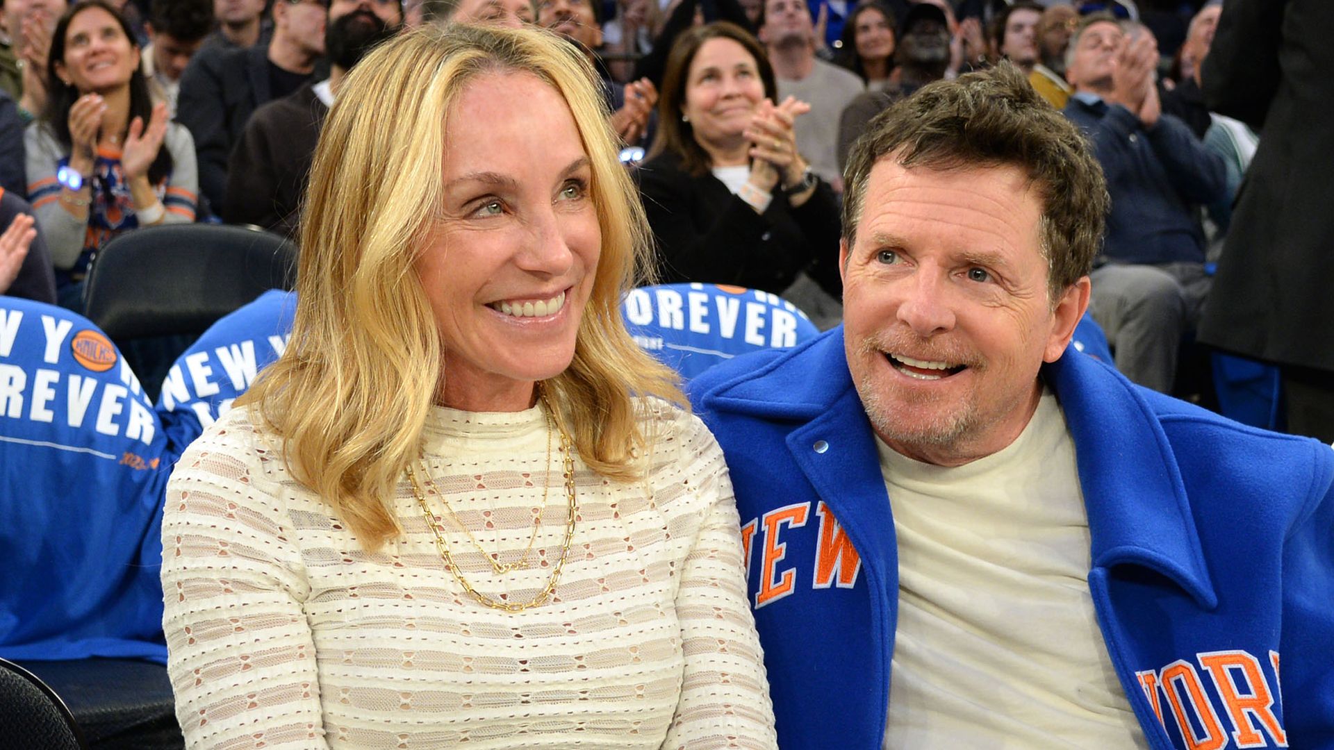 Michael J. Fox attended the Boston Celtics v New York Knicks NBA Basketball game with this wife Tracy Pollan