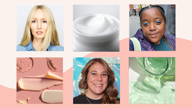 Collage of three beauty writers on a pink background with beauty products 