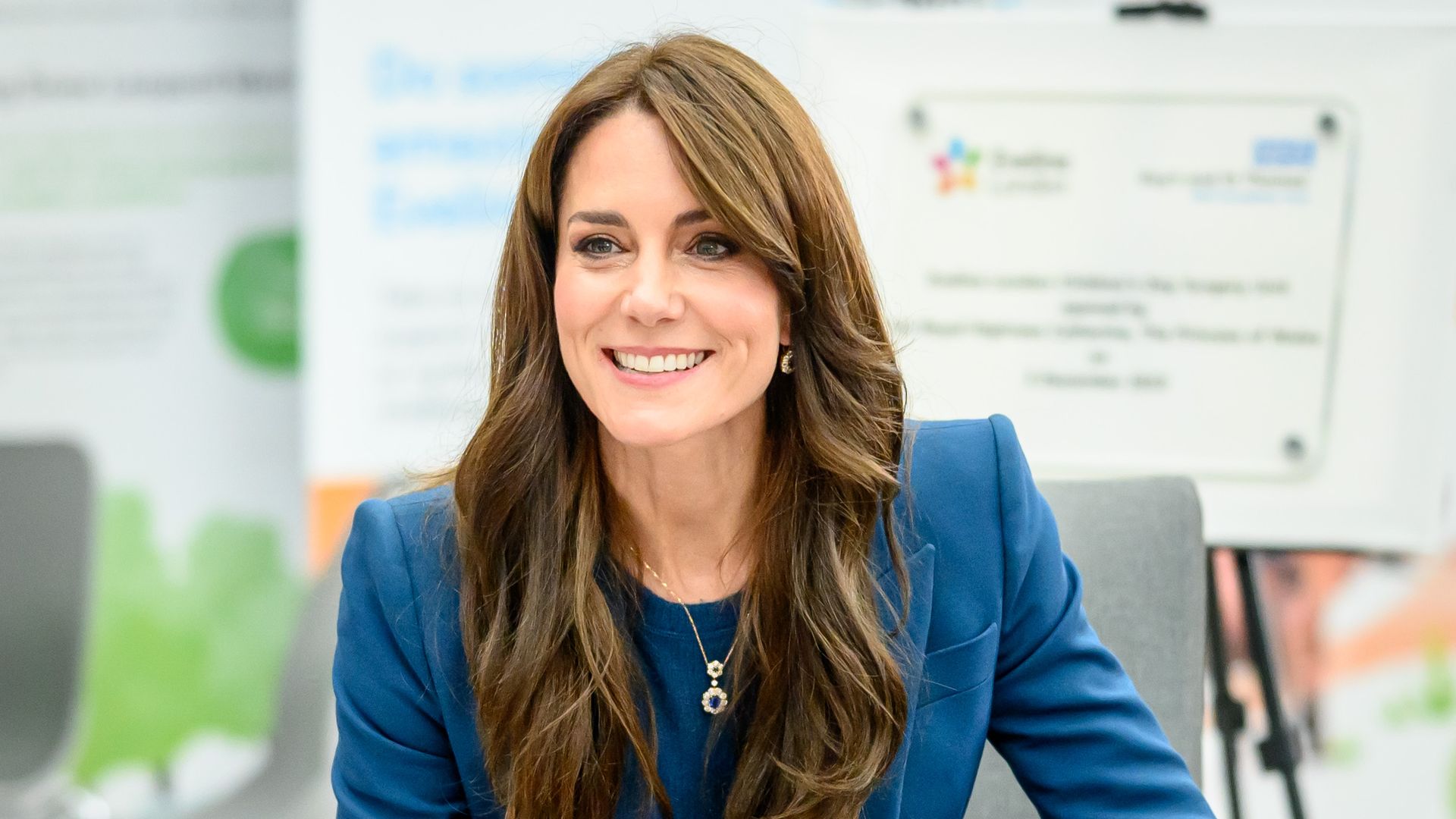 Kate Middleton wearing blue suit at children's hospital