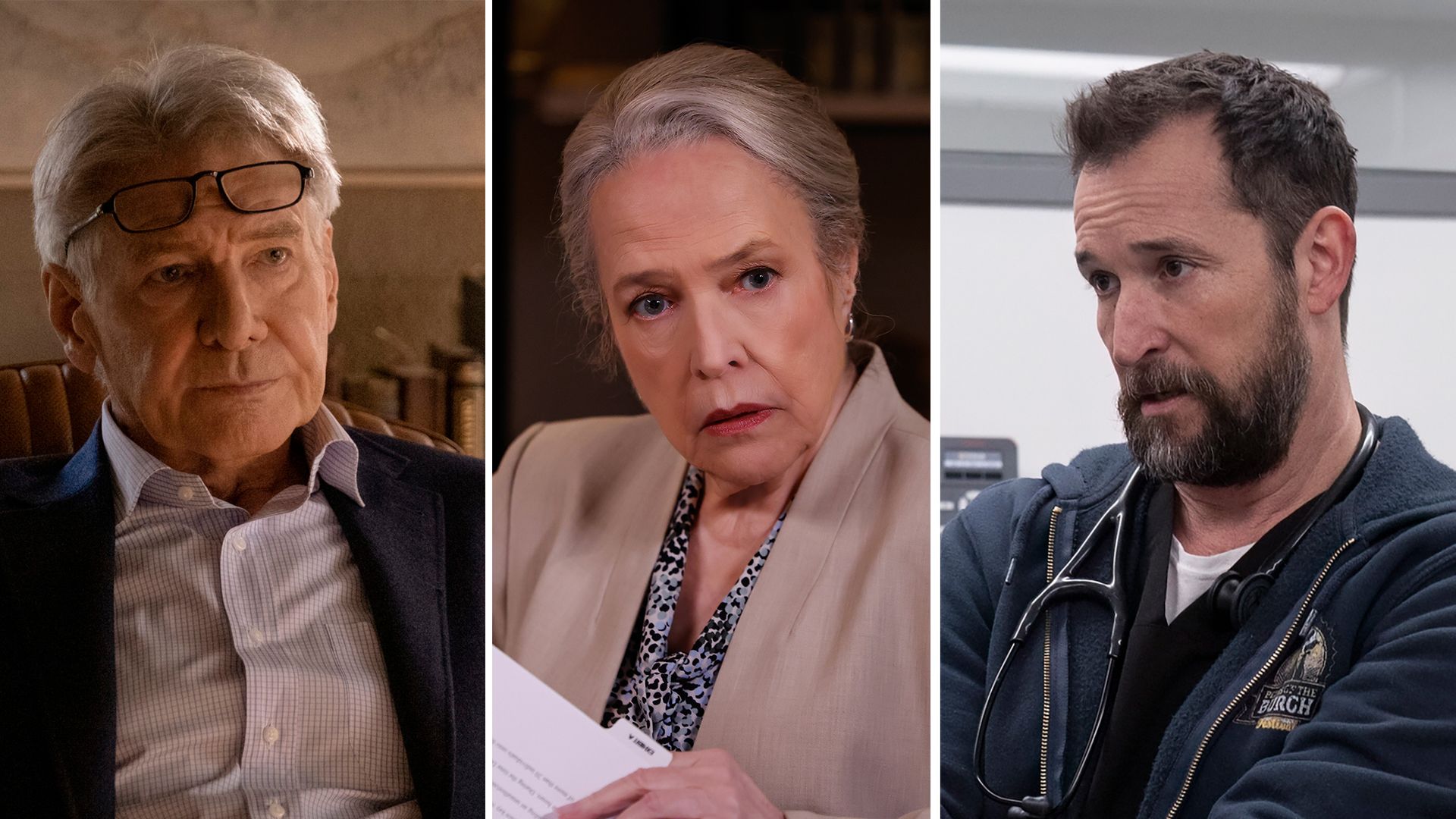 Composite image of Harrison Ford, Kathy Bates, and Noah Wyle