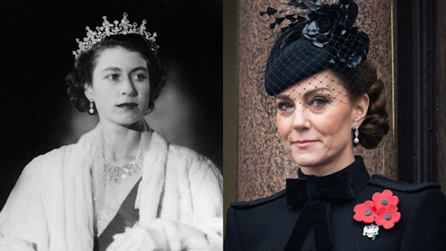 Side-by-side comparison: A young Queen Elizabeth in a tiara, and Kate Middleton in a black fascinator. Both embody grace and royal heritage in their distinct eras.