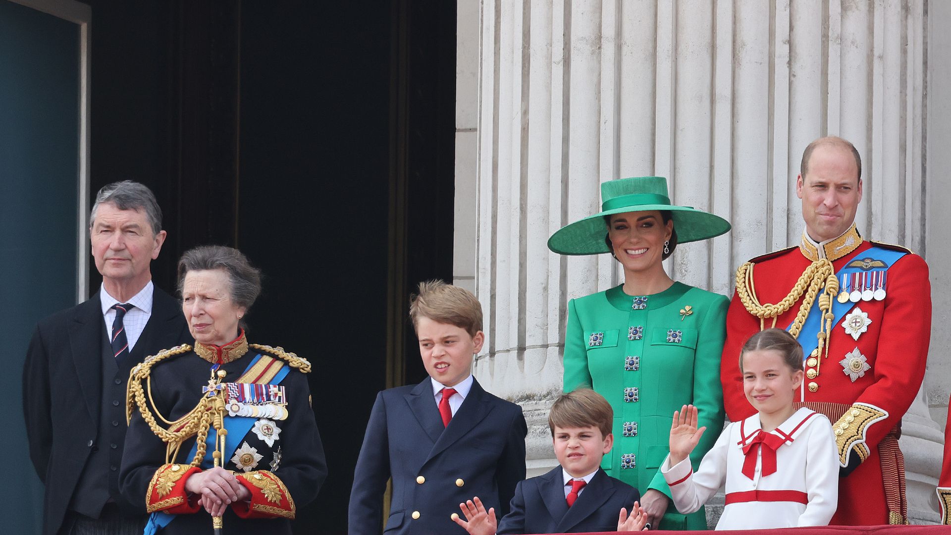 Sir Timothy Lawrence, Princess Anne, Princess Royal, Prince George of Wales, Prince Louis of Wales, Princess Charlotte of Wales, Catherine, Princess of Wales, Prince William, Prince of Wales at Trooping the Colour