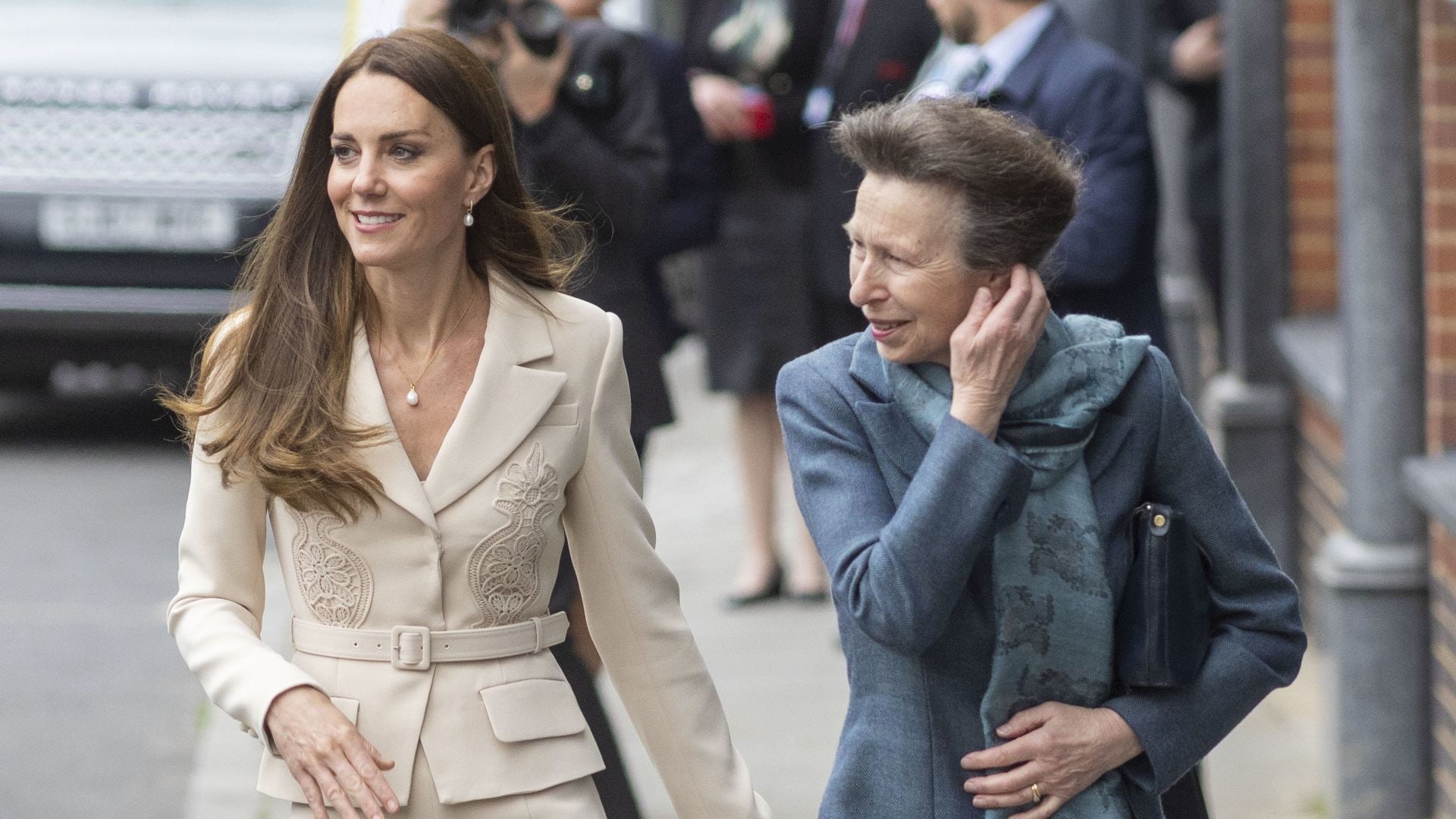 Princess Anne and Princess Kate walking in smart clothes