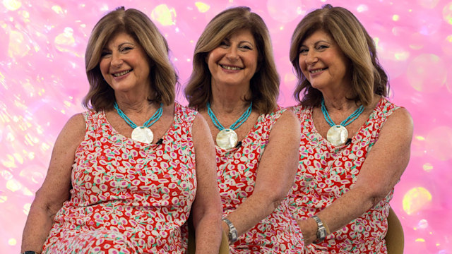 Collage of a women in a floral dress on a pink sparkly background 