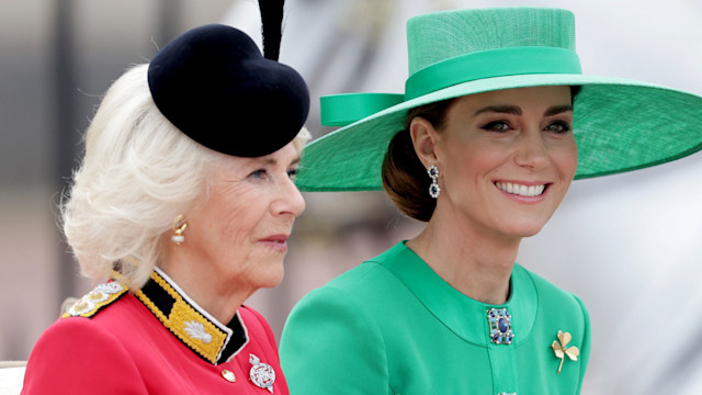 Queen Camilla and Kate Middleton, Princess of Wales travel in the royal carriage during Trooping the Colour on June 17, 2023 in London, England. 