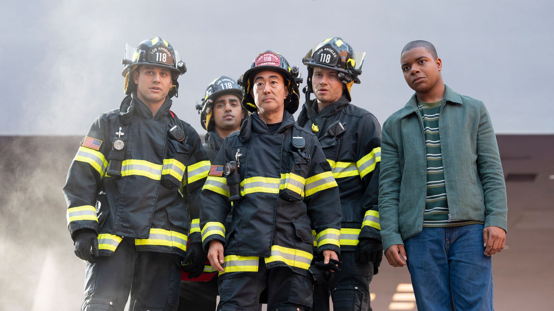 Ryan Guzman, Anirudh Pishadody, Kenneth Choi, Oliver Stark and Elijah M Cooper in 9-1-1 season 9