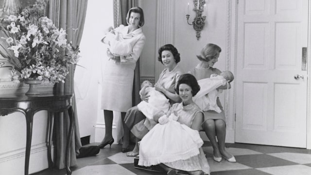 Queen Elizabeth II, Princess Margaret, Princess Alexandra and The Duchess of Kent – holding their newborn babies.