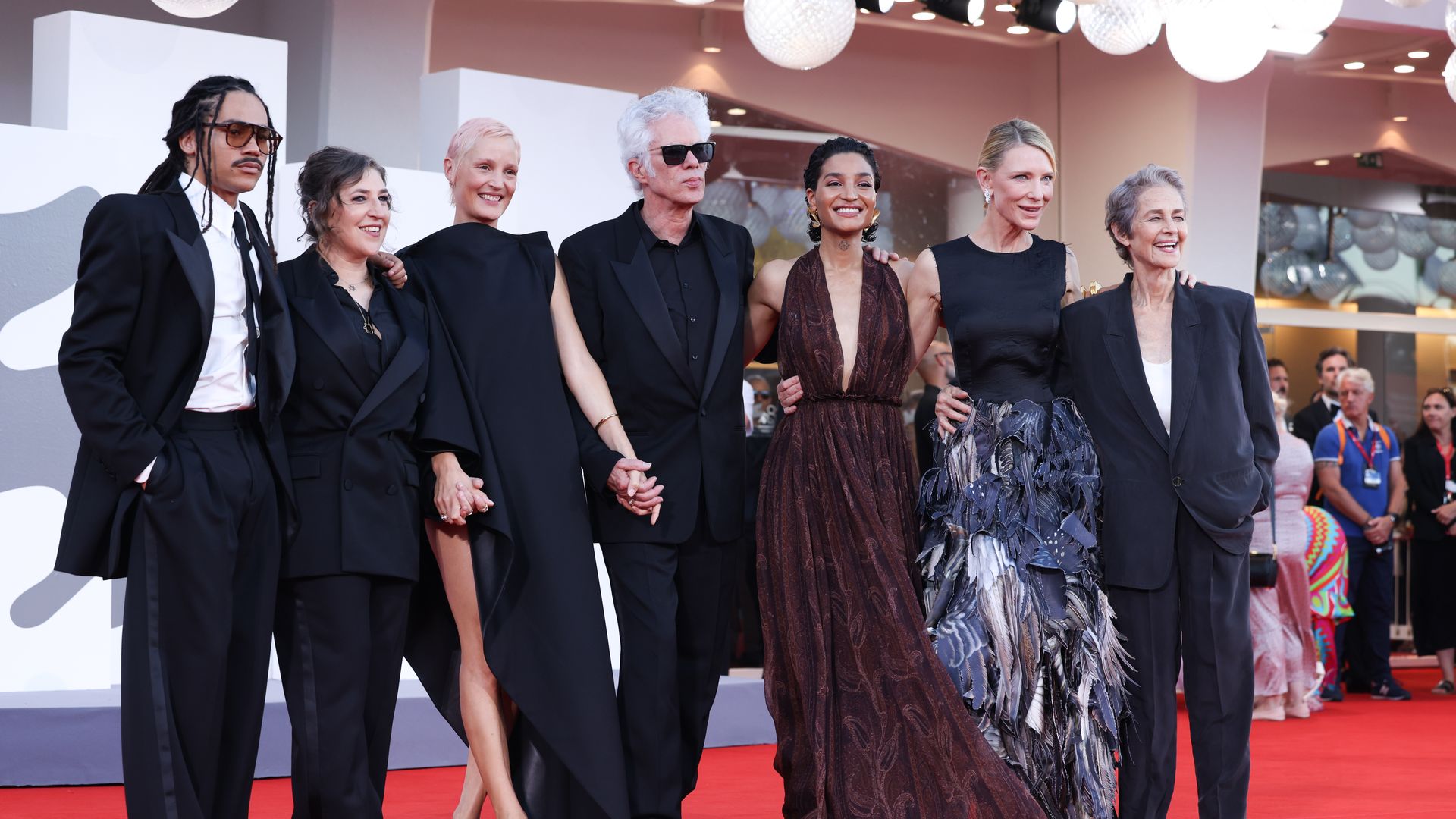 Vicky Krieps, Jim Jarmusch, Cate Blanchett, Charlotte Rampling, Luka Sabbat, Mayim Bialik and Indya Moore attend the "Father Mother Sister Brother" red carpet during the 82nd Venice International Film Festival on August 31, 2025 in Venice, Italy