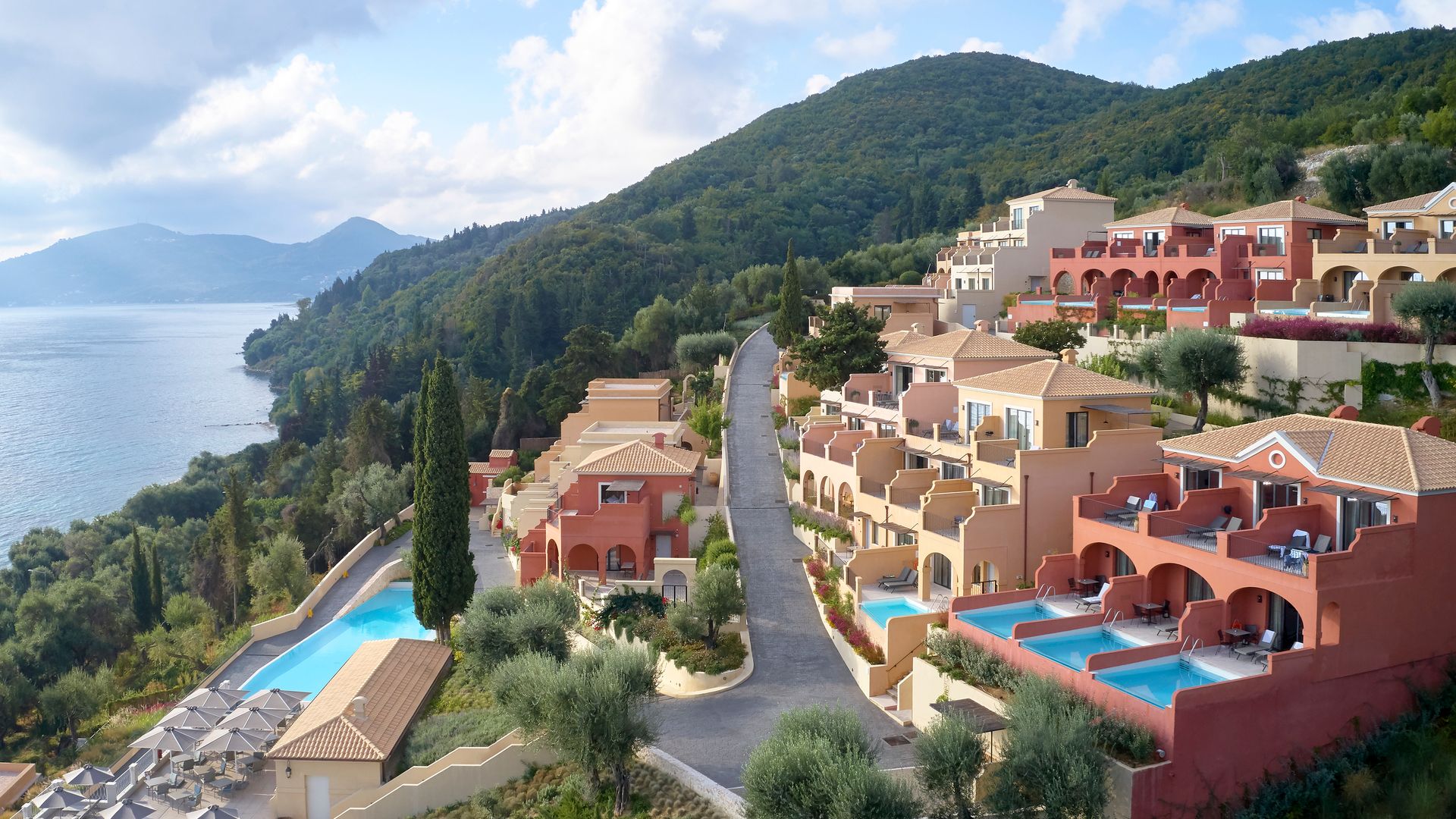 Aerial view of Nido luxury hotel in Corfu