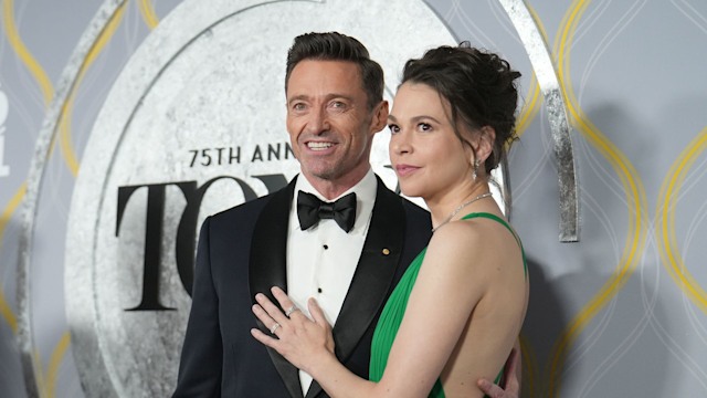 Hugh Jackman and Sutton Foster attend The 75th Annual Tony Awards - Arrivals on June 12, 2022 at Radio City Music Hall in New York City