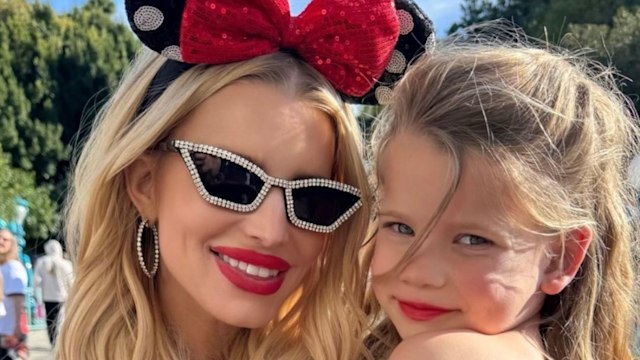 Photo shared by Jessica Simpson to her Instagram Stories March 2024 posing with her daughter Birdie Mae, who was celebrating her 5th birthday at Disney