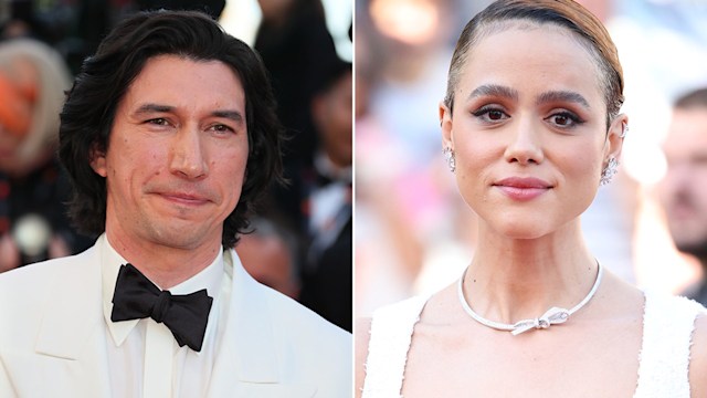 Split image of Adam Driver in a white tuxedo and Nathalie Emmanuel in a white dress