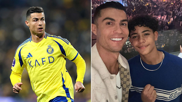 Cristiano Ronaldo with his son Cristiano beside photo of ronaldo in football kit