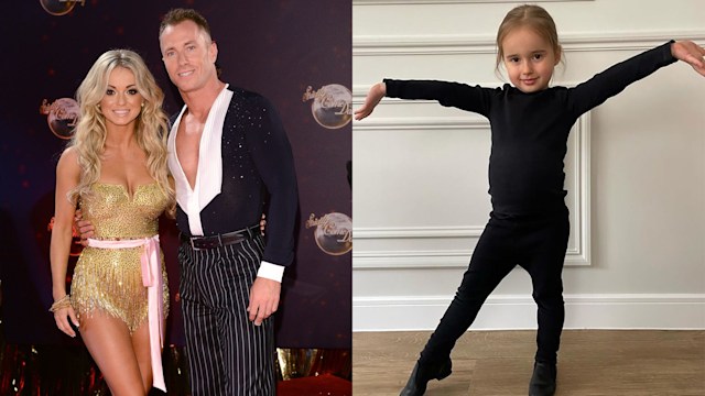 Ella Jordan poses in her dance outfit beside her parents on Strictly