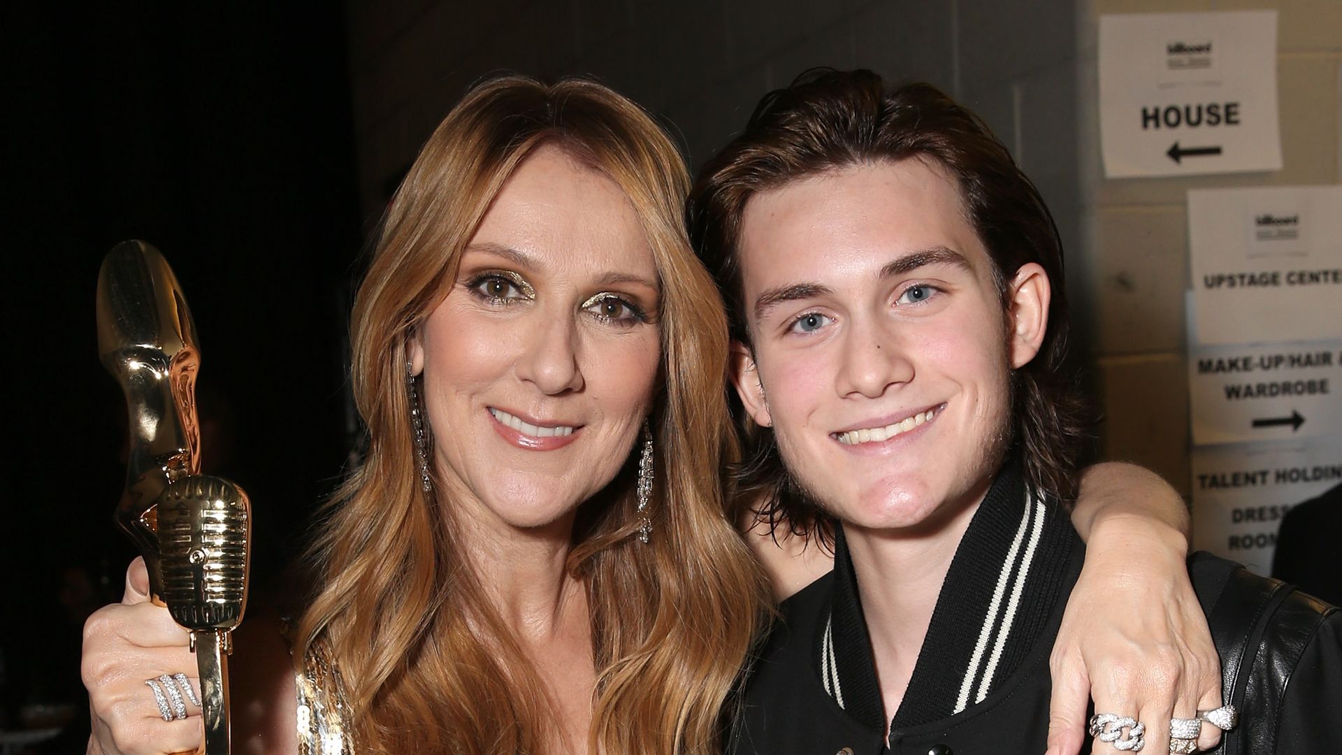 Celine Dion, recipient of the Billboard Icon Award, and son Rene-Charles Angelil backstage at the 2016 Billboard Music Awards at the T-Mobile Arena on May 22, 2016 in Las Vegas, Nevada.