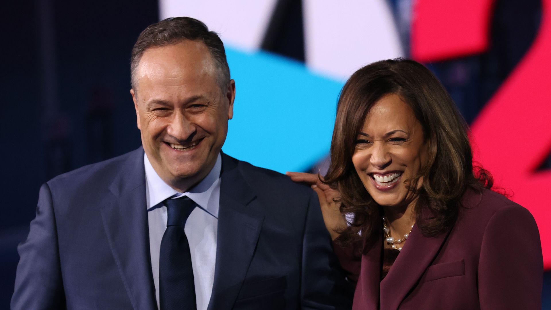 Democratic vice presidential nominee U.S. Sen. Kamala Harris (D-CA) and her husband Douglas Emhoff appear on stage after Harris delivered her acceptance speech on the third night of the Democratic National Convention from the Chase Center August 19, 2020 in Wilmington, Delaware. The convention, which was once expected to draw 50,000 people to Milwaukee, Wisconsin, is now taking place virtually due to the coronavirus pandemic. Harris is the first African-American, first Asian-American, and third female vice presidential candidate on a major party ticket