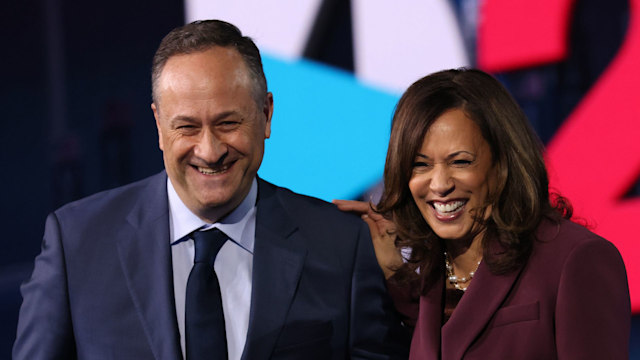 Democratic vice presidential nominee U.S. Sen. Kamala Harris (D-CA) and her husband Douglas Emhoff appear on stage after Harris delivered her acceptance speech on the third night of the Democratic National Convention from the Chase Center August 19, 2020 in Wilmington, Delaware. The convention, which was once expected to draw 50,000 people to Milwaukee, Wisconsin, is now taking place virtually due to the coronavirus pandemic. Harris is the first African-American, first Asian-American, and third female vice presidential candidate on a major party ticket