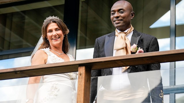 Princess Martha Louise on a balcony with Durek Verrett on their wedding day