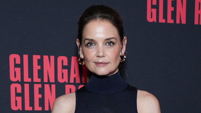Katie Holmes in a black dress as she attends the "Glengarry Glen Ross" Broadway opening night at Palace Theatre 