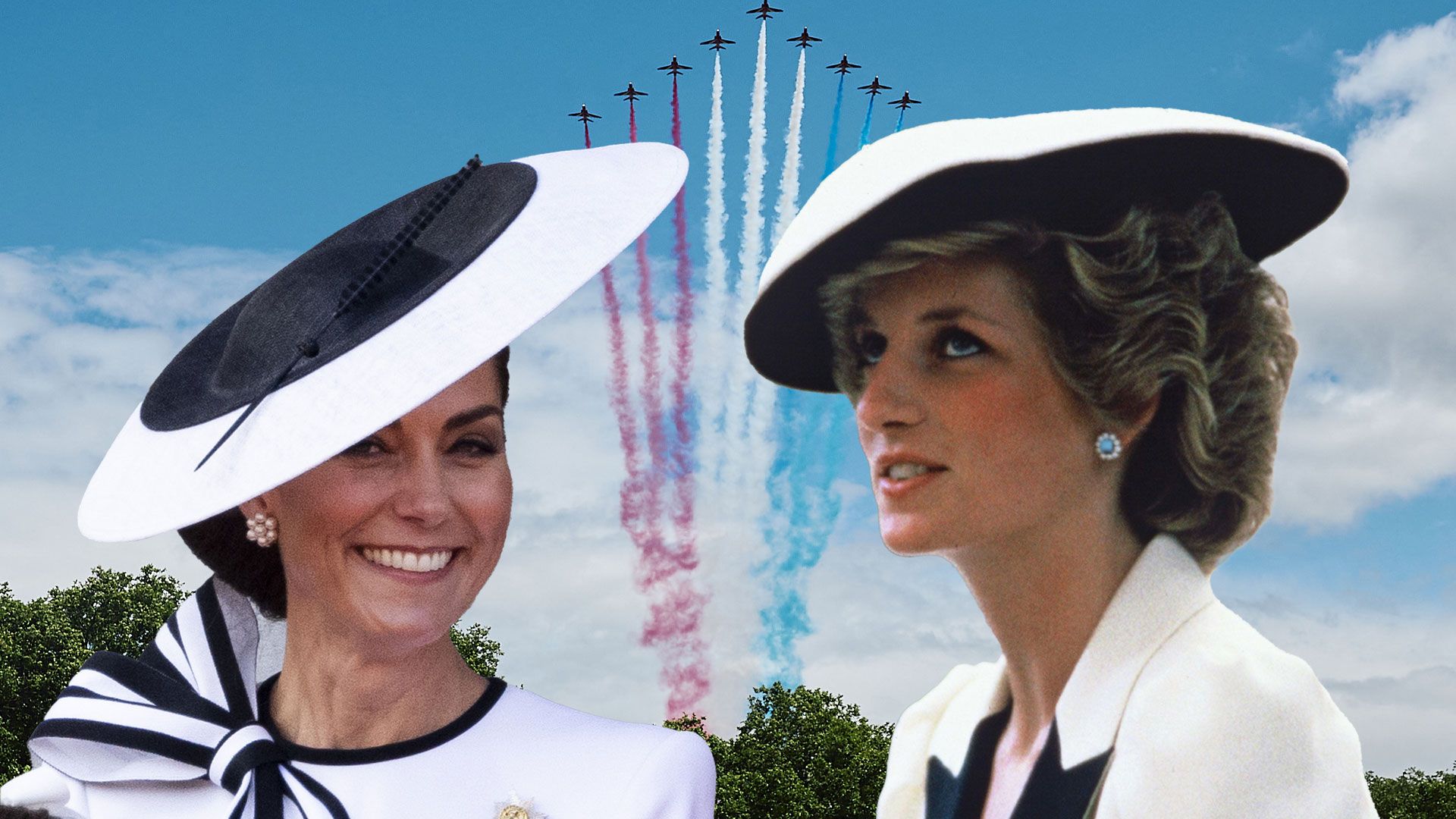 Princesses Kate and Diana against flypast backdrop