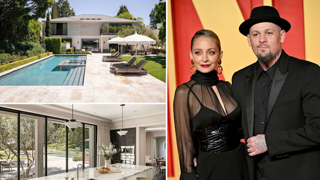 Split image of Nicole Richie and Joel Madden on the right, with a picture of their garden top left and their kitchen bottom left 