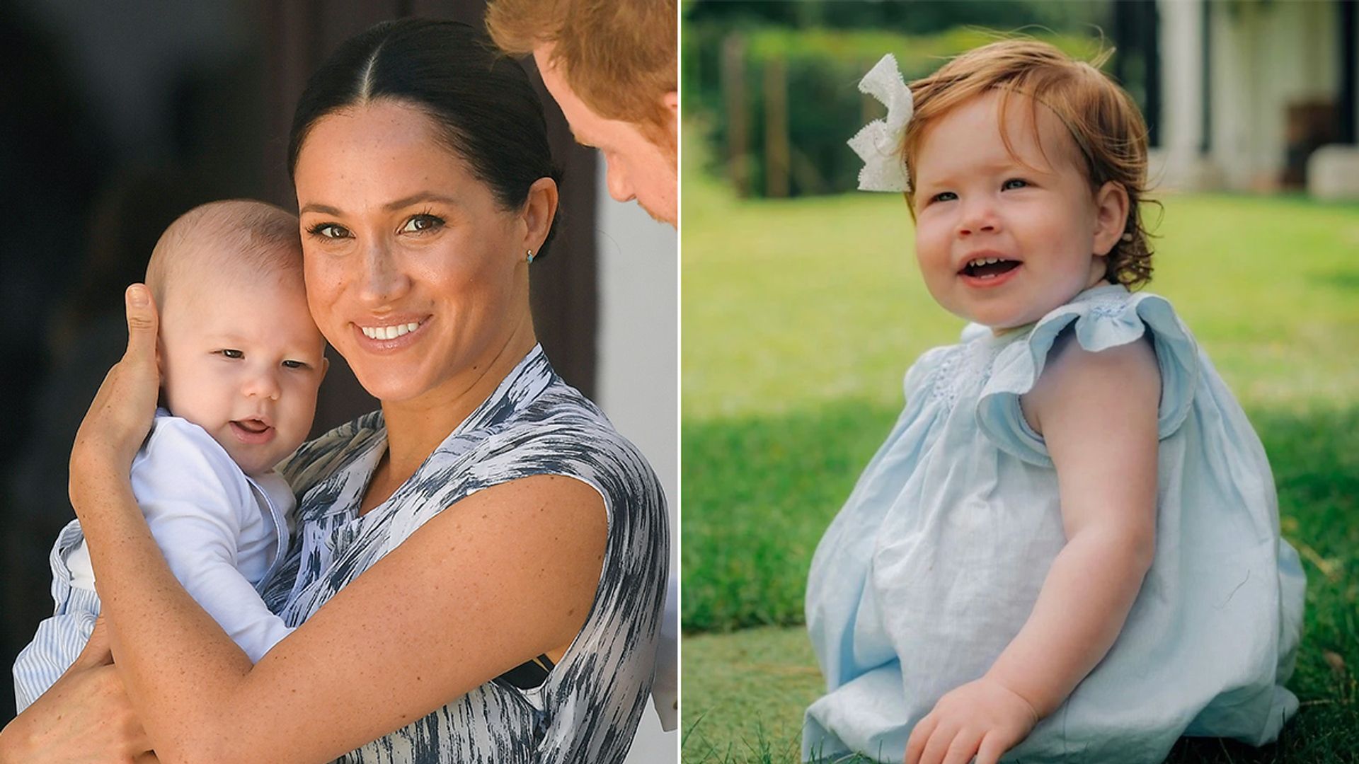 Split image of Meghan Markle holding Prince Archie and Princess Lilibet playing in the grass