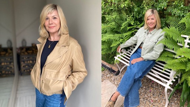 Split screen photo of Glynis Barber standing in a chic coat and sitting on a bench