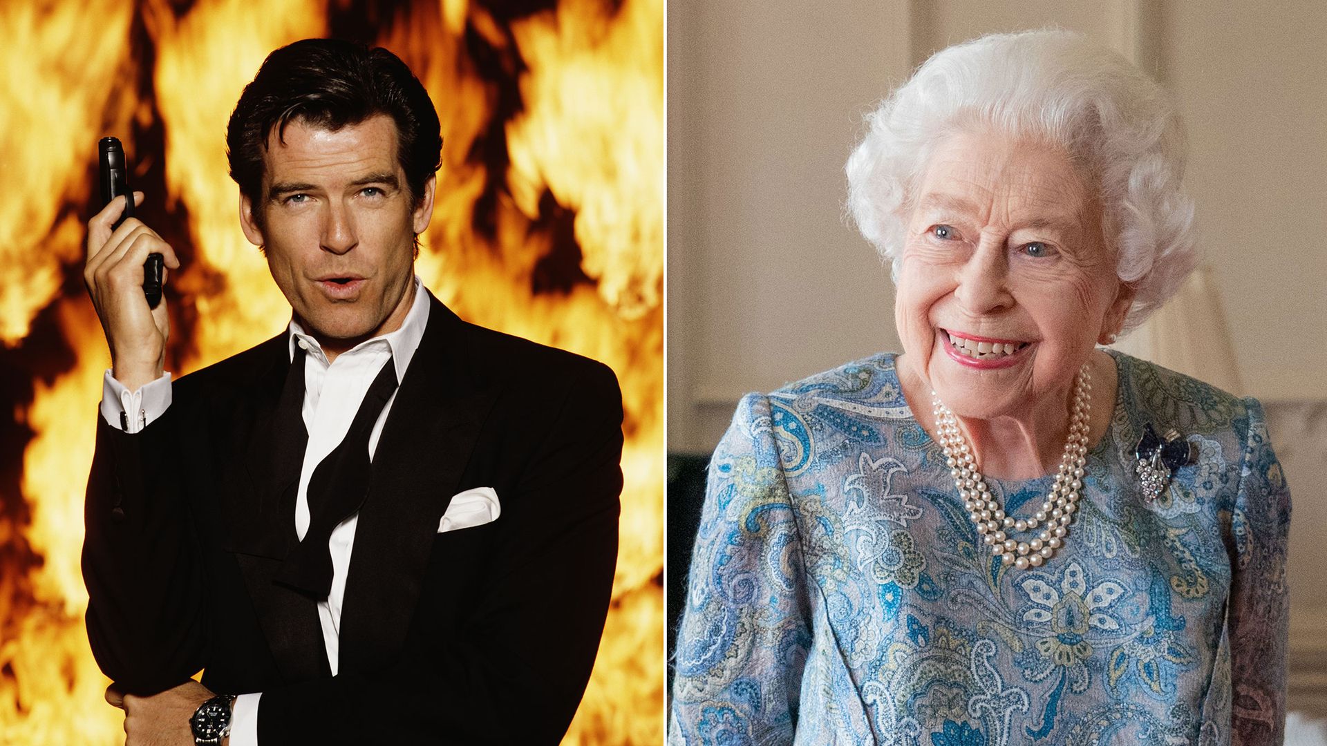 A composite photo of Pierce Brosnan as James Bond and the Queen smiling