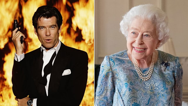 A composite photo of Pierce Brosnan as James Bond and the Queen smiling