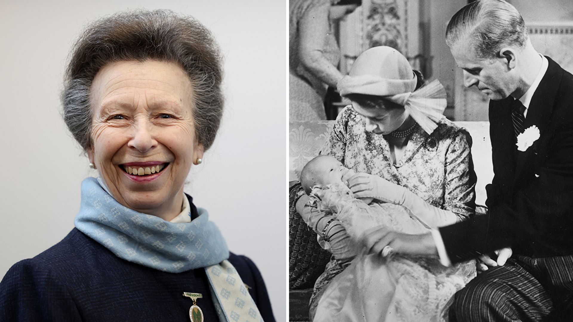 Split image of Princess Anne as she is now to one of her as a baby with the Queen and Prince Philip